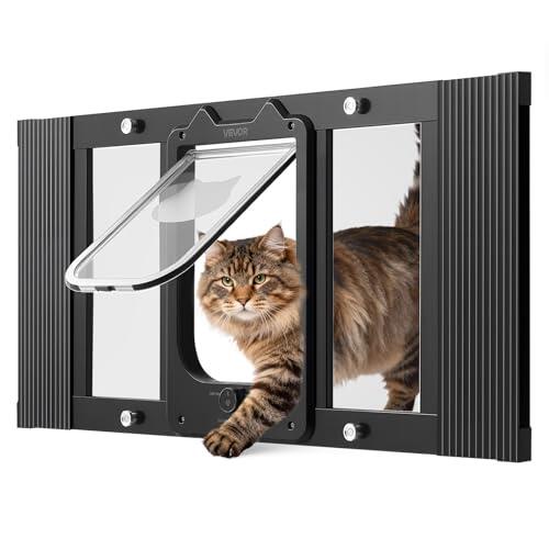 VEVOR Gatera para Gatitos para Ventana Ajustable de 68,6-81,3 cm Puerta para Gato 4 Modos de Cierre Marco de Aluminio y Cristal de Alta Transparencia Cierre Magnético para Mascotas Pequeñas, Negro
