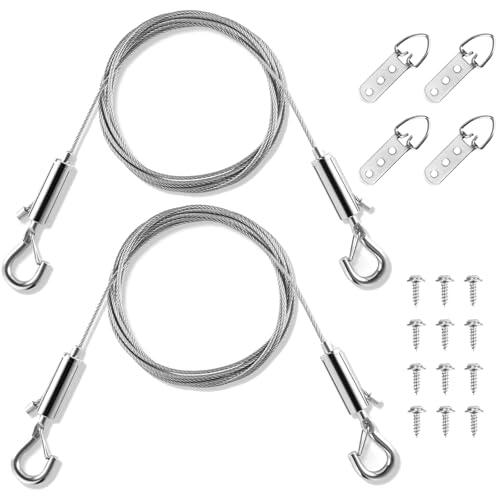 Kit de Cable para Colgar Cuadros, 2 Piezas de Cable Ajustable de 2 m x 1 mm con Ganchos y 4 Anillas en D y 12 Tornillos, Cuerda de Acero Inoxidable Resistente para Pinturas en Lienzo, Espejos, Marcos