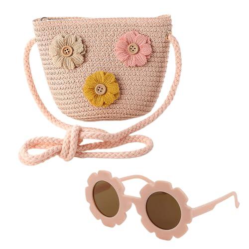 AWAVM Juego de bolso cruzado para niñas, bonito bolso de mano para niños con lentes de sol de flores, bolso trenzado ajustable para niños (rosa/beige, 12 x 14 cm), Rosa 3 flores, 59*28*10cm