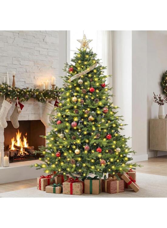 Árbol de Navidad Artificial, 180 cm, Iluminado, con Luces de luz Blanca cálida, 1000 Puntas de Ramas de PVC, Plegable, para decoración navideña