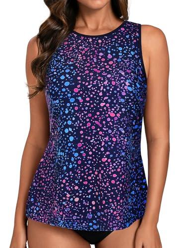Hanna Nikole Top de tankini para mujer, traje de baño tipo blusón, solo parte superior, camiseta deportiva modesta sin parte inferior, control de abdomen, cuello alto, solo parte superior de traje de
