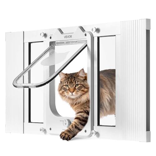 VEVOR Gatera para Gatitos para Ventana Ajustable de 58,4-71,1 cm Puerta para Gato 4 Modos de Cierre Marco de Aluminio y Cristal de Alta Transparencia Cierre Magnético para Mascotas Pequeñas, Blanco