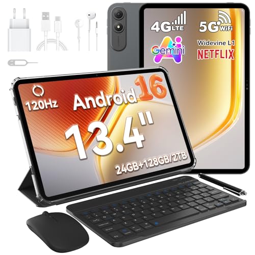 OSCAL Pad 200 Tablet 13.4 Pulgadas, 120Hz FHD+ 2K Tablet Android 16, 24GB RAM + 128GB ROM (2TB TF), Octa-Core 2.2GHz, 2 en 1 con Tablet con Teclado y Lapiz, 4G LTE + WiFi 5G, Widevine L1/8300mAh/16MP