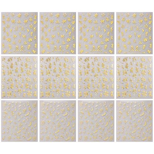Vauki 12 hojas de pegatinas para uñas, flores y hojas doradas, 3D en relieve en caliente, autoadhesivas, para manicura (85 x 100 mm), pegatinas versátiles para decoraciones de bricolaje, diario de