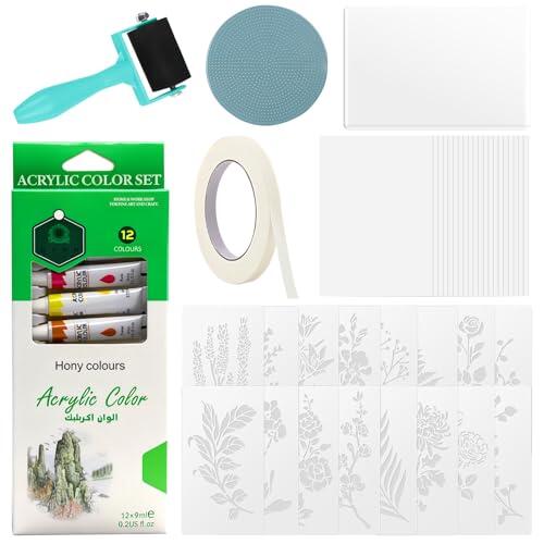 Kit de Placa de Impresión de Gel, Kit de Impresión en Gel con Placa de Gel A5, Pintura Acrilica de 12 Colores, Papel de Impresión A5 y Herramientas Esenciales para Tarjetas, Scrapbooking
