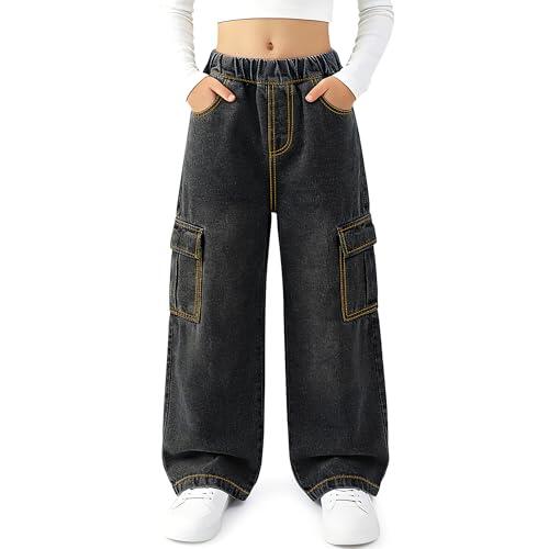 Keyck Vaqueros Cargo para Niña, Baggy Cintura Elasticos Denim Jeans Pierna Anchos Pantalones Largo Stretch con Múltiples Bolsillos Casual Moda Streetwear Pants para Infantil 12-13 Años, Azul Oscuro