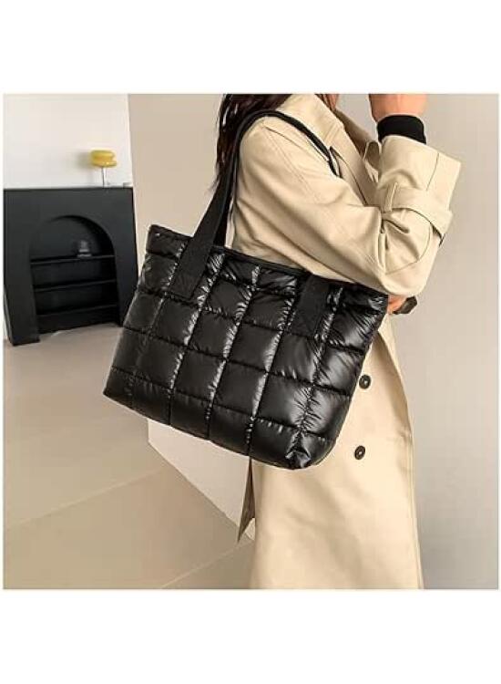 Bolsa grande acolchada para mujer, para invierno, casual, ligera y espaciosa, con cierre de cremallera, poliéster duradero, café y negro