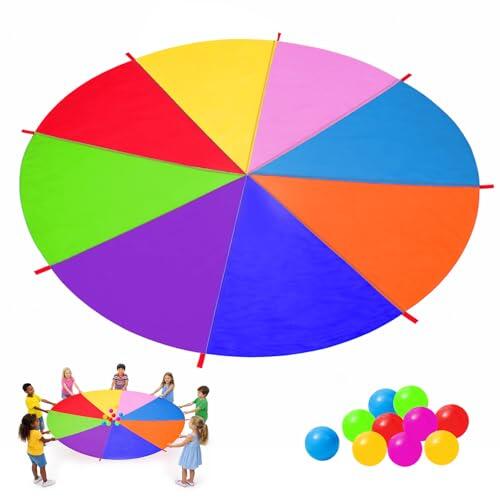 Tbintul Paracaídas Arcoíris Grande,3.6m Paracaidas Infantil con 8 Asas y 10 Bolas,Play Arco Lris Paracaídas Interior y Exterior para Escuelas y Fiestas de Cumpleaños Infantiles