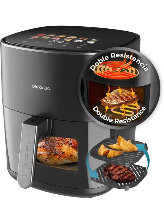 Cecotec Freidora de Aire sin Aceite 6,5L con Doble Resistencia Cecofry&Grill Duoheat 6500 Plus. 2200W, Air Fryer, Grill y Plancha, Pizzas, Ventana Visualización, 12 Menús, Temperatura 40-200°C