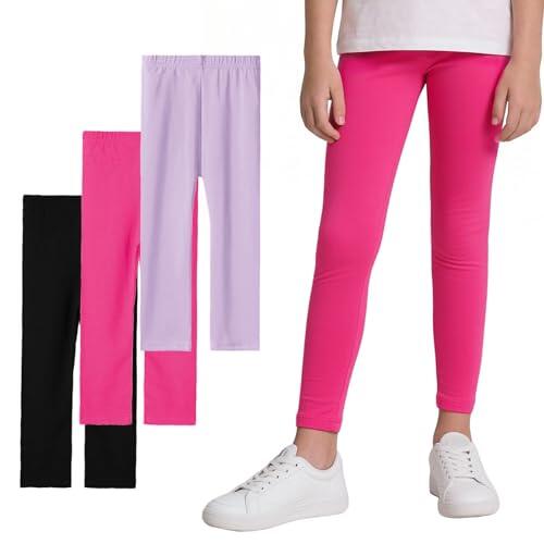 Domueay Leggings para Niñas Suaves Transpirable Pantalones Largos Cintura Elástica Mallas Modal Pack de 3 Color Sólidos Baile Legging Infantiles Deportivas Ropa 10-11 Años, Negro Violeta Rosa