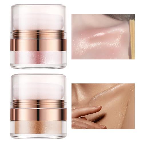 2 Piezas Polvo De Palmaditas Resaltador De Polvo Con Aplicador Polvos Resistentes Al Agua Para Rostro Cabello Y Cuerpo Con Brillo Iluminador Y Textura Fina (Dorado + Rosa)