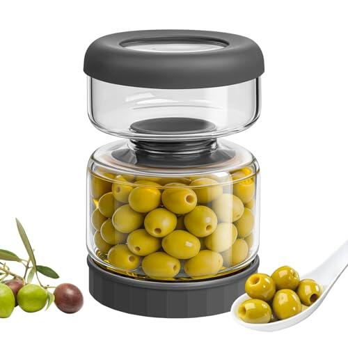 WhiteRhino Tarro para encurtidos, Bote para aceitunas,0.75L Bote aceitunas separador liquido, Soporte de Almacenaje de Pepinillos Boca Abajo, Tapa Hermética a Prueba de Fugas (Gris 0.75L)