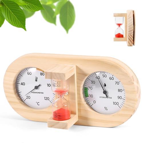 Termómetro higrómetro 2 en 1 para sauna, termohigrómetro para sauna de madera, accesorio de sauna de alta precisión para medir la temperatura y la humedad en salas de vapor y sauna, reloj de arena