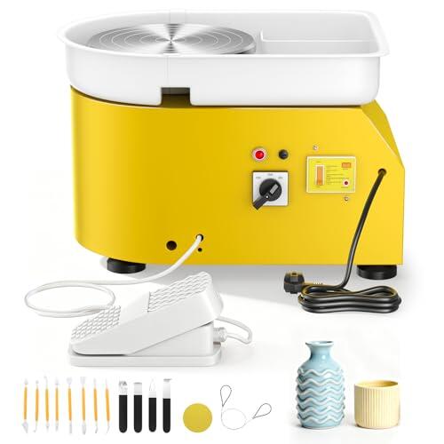 Rueda de cerámica eléctrica de 350 W, con plato de 25 cm, con 14 herramientas de alfarería, máquina de cerámica para bricolaje, cerámica para principiantes (amarillo)