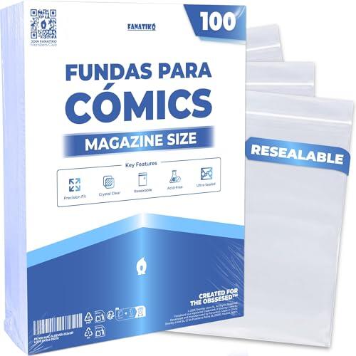 Fanatiko Fundas Comics Magazine Size (Pack 100 uds) – Comic Bags con Cierre Adhesivo, Protección Sin Ácido, Ajuste Preciso para Cómics Magazine Size, Alta Transparencia