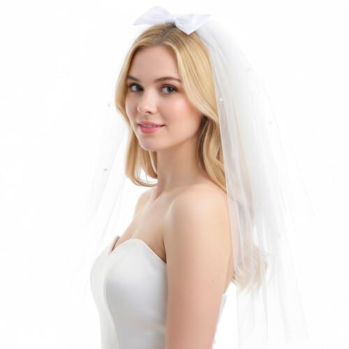 Nogeqi Velo nupcial de 60 cm, velo de novia, corto, elegante, con lazo, diadema para el pelo, para bodas, fiestas, damas y despedidas soltero