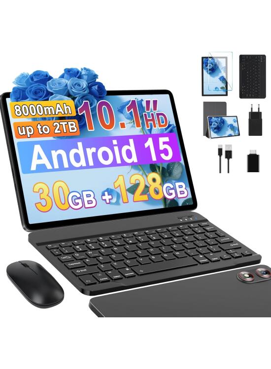 10 Inch Android Tablet 15, 30GB RAM+128GB (2TB TF) Octa-Core/Gemini AI/Widevine L1/5GWiFi6/8000mAh/5MP+8MP/Tablets with Keyboard & Case & Mouse,Grey