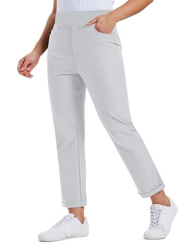 MoFiz Pantalones de Golf para Mujer Stretch Trabajo Pants Elegante con Bolsillos for Oficina Casual Viaje Yoga Gris Claro L