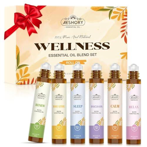 AESHORY Set de Aceites Esenciales Roll-On 6 x 10ML - Renovar, Respirar, Dormir, Concentrarse En, Calmar, Relajarse - Aceite Esencial de Perfume de Aromaterapia para la Piel, Apto para Ambos Géneros