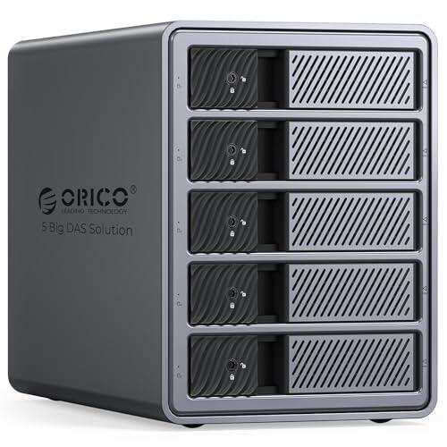 ORICO Caja de Aluminio Raid para 5 Discos Duros de 3,5 Pulgadas hasta 5X 22TB, Fuente de Alimentación de 150W Integrada, con Ventilador, Soporta Raid 0/1/5/10 (9858RU3)