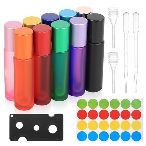 SJDKAKJSA 10 Pcs 10ml Frascos Roll On Aceites Esenciales, Botes Roll On Rellenable de Vidrio para Aceite Esencial, perfumes, cosméticos, aromaterapia, con abridor/etiquetas, etc