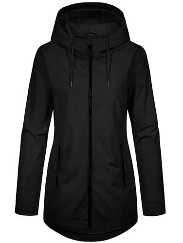 heekpek Chaqueta Mujer Entretiempo Abrigo Ligero Largo Primavera Cazadora Longitud Media Cortavientos Otoño Parka con Capucha Casual Transpirable Zip Up Chaquetas con Bolsillos(Negro, M)