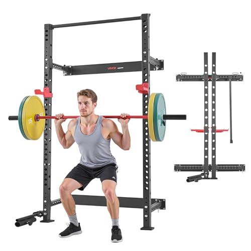VEVOR Jaula de Potencia Plegable de Pared para Sentadillas, con Soporte a Minas Terrestres, Ganchos en J Ajustables y Barra de Dominadas para Gimnasio en Casa, Carga 454 kg, 1220 x 760 x 2210 mm