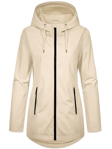 heekpek Chaqueta Mujer Entretiempo Abrigo Ligero Largo Primavera Cazadora Longitud Media Cortavientos Otoño Parka con Capucha Casual Transpirable Zip Up Chaquetas con Bolsillos(Caqui, M)