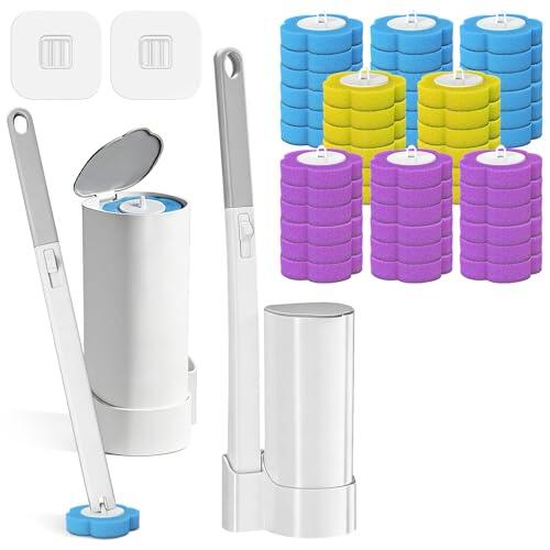 SERIONR Escobilla Baño Desechable WC,2 PCS Cepillo para Inodoro Mango Largo Montado En La Pared,Toilet Brush con 48 Rellenos de Detergente,Juego de Escobilla WC para Limpieza Baño en Hogares y Hotel