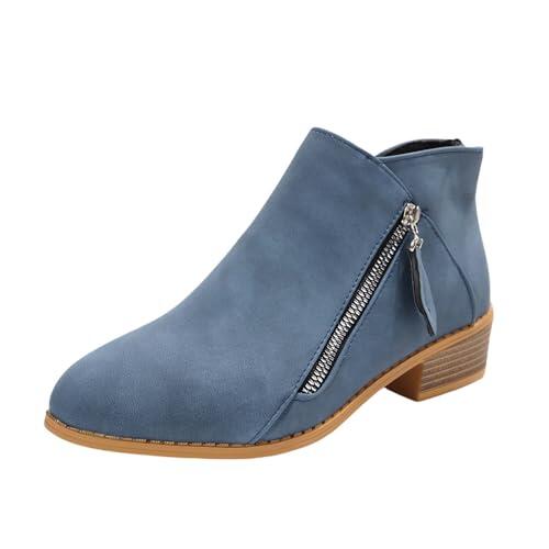 Generisch Botines de tacón para mujer, moda con punta puntiaguda, tacón grueso, botas de vaquero occidental, con cremallera lateral, botines de tobillo para hombre, azul, 43 EU