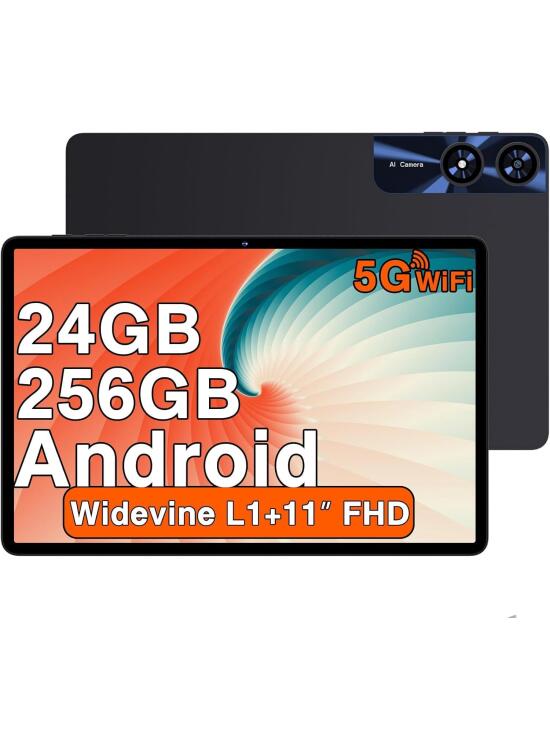 2026 Newest Tablet 11 Pulgadas Android con 24GB RAM + 256GB ROM (2TB TF), Octa-Core 2.0 GHz, Widevine L1, 5G WiFi, Bluetooth 5.0, 8000mAh, 5MP + 13MP, 1280 * 800, Facial ID, Tablet con Funda - Negro