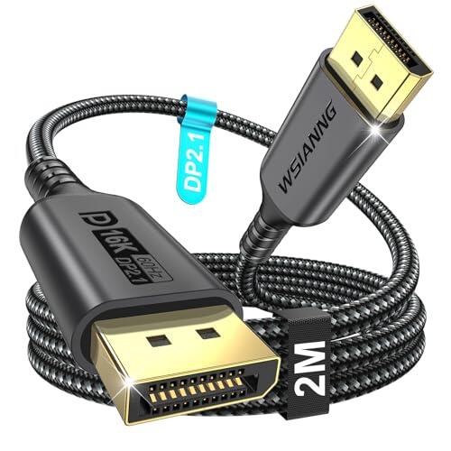 WSIANNG Cable DisplayPort 16K 2m – Cable DP 2.1 para Gaming, HDR, Dynamic HDR10+, 16K@60Hz 8K@120Hz 4K@240Hz, Compatible con Monitor, PC, Tarjeta Gráfica, HDTV