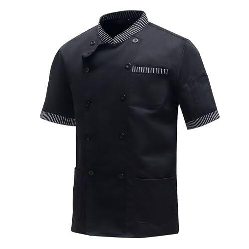 MeiLayM Chaqueta de Chef Manga Corta para Hombre Ligero Uniforme Chaqueta Chef Trabajo Unisex Profesional Chefs Coat con Bolsillo para Hotel Restaurante Cafetería Negro,XL