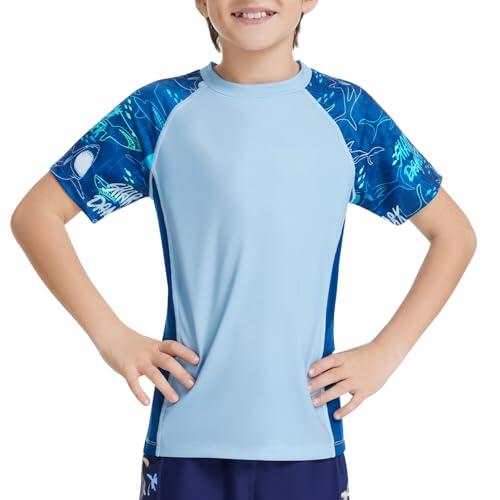 AMZSPORT Camiseta Proteccion Solar Niño Camiseta de Natación de Manga Corta de Secado Rápido, Azul Vitalidad XL