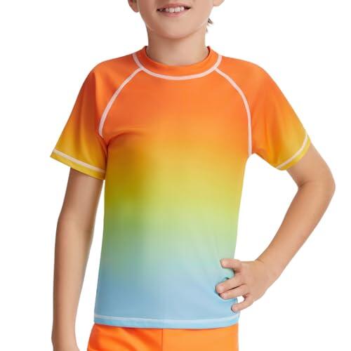 AMZSPORT Camiseta Proteccion Solar Niño Camiseta de Natación de Manga Corta de Secado Rápido, Naranja Degradado M