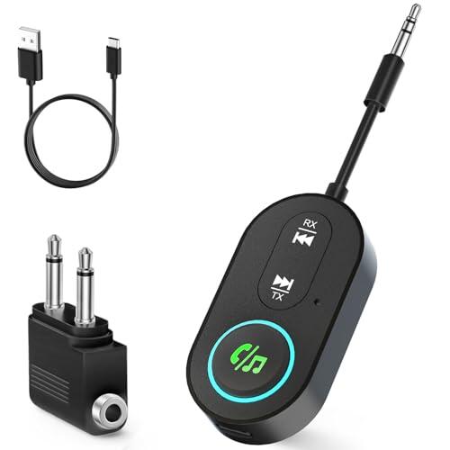Ticenpe Receptor transmisor Bluetooth 5.3, conector dual para aviones, micrófono para llamadas, adaptador auxiliar 2 en 1 Bluetooth para auriculares, altavoz y coche