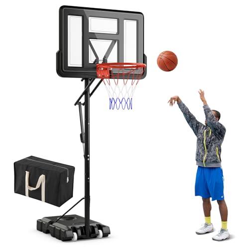 GYMAX - Cesta de baloncesto exterior interior móvil 240-305 cm, altura ajustable, práctica por varilla telescópica, base rellenable con bolsa de peso, panel resistente, para adolescentes y adultos