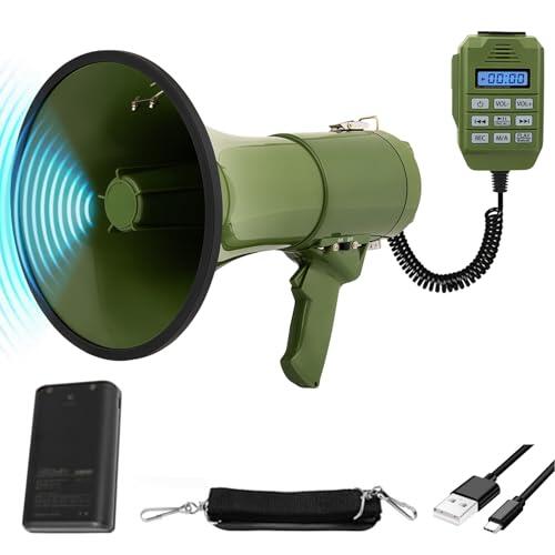 Kensbro Megáfono de 100W, Alcance Máximo 2000 m, Megáfono con Sirena y Micrófono, Grabación 700S y Funciones Bluetooth, Corneta con Correa de Hombro Ajustable para Interiores y Exteriores (Verde)