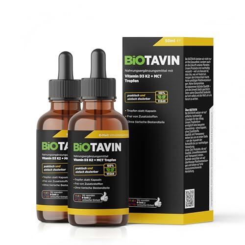 BiOTAVIN Vitamina D3K2 gotas con aceite MCT 50 ml (2 x 50 ml) | por porción diaria de 1000 UI – fácilmente dosificable con pipeta – Para corazón, circulación, huesos, sistema inmunológico y músculos |