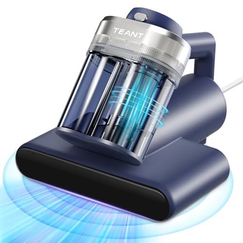 Teant Aspirador de ácaros para colchones con luz UV, 16 kPa con pantalla LED, 65 ℃ aire caliente y HEPA, ultrasónico, aromaterapia, limpiador de colchones de doble copa para cama/alfombra/sofá