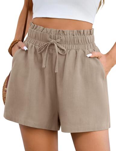 PASUDA Pantalones Cortos Mujer Verano Lino Alta Cintura Elástico Pantalon Deporte Casual Corto Shorts Holgados Ancha Shorts con Cordón Bolsillos (Caqui, M)