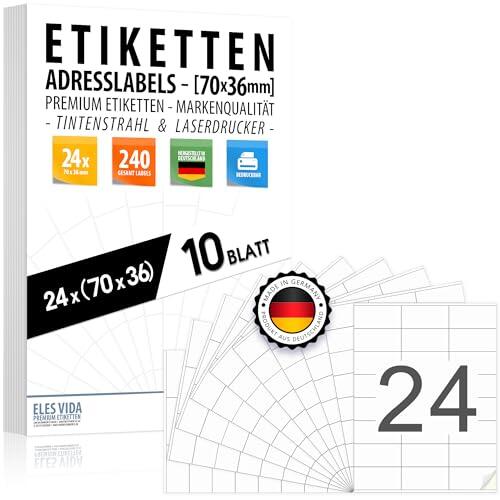 Etiquetas de dirección 70 x 36 mm (240 etiquetas - 10 hojas A4) adhesivas, imprimibles, de inyección de tinta y láser para direcciones, paquetes y cartas, etiquetas de dirección de alta calidad