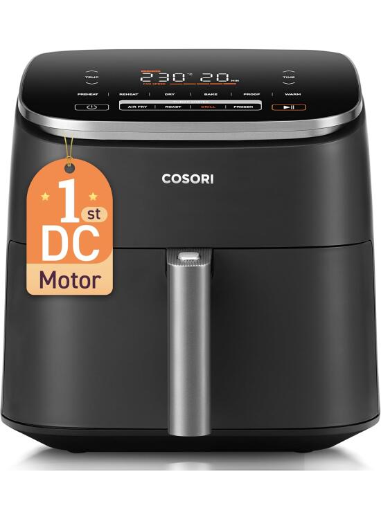 Cosori Freidora de Aire Turbo Blaze 6L, Freidora sin Aceite 9 en 1, Temporizador 1min-24H, 30°C a 230°C, Motor DC silencioso, con 9 funciones 5 velocidades, Recetario incluido, apto para lavavajillas