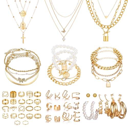 JSTHHTT Joyas de Mujer, Set de 60 Piezas, Conjunto de Joyas de Oro Para Mujer, Collar, Pulseras, Anillos de Nudillo, Ear Cuffs, Pendiente, Joyería y Colgante para Mujeres, Oro