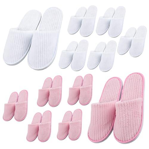 GOEDCH 10 pares de pantuflas de forro polar coral: zapatillas de spa blancas y rosas, pantuflas de forro polar coral para invitados, zapatillas de terciopelo de algodón lavables unisex, para bienestar