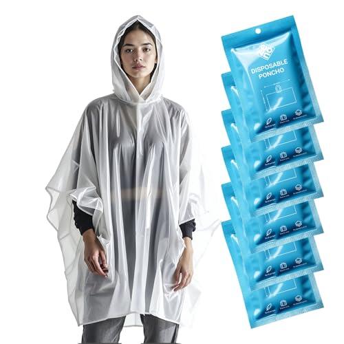 ZENO Poncho Impermeable Mujer y Hombre - Poncho Lluvia Mujer Hombre - Capa Lluvia Impermeable - Transparente Desechable - Para Festival, bicicleta, senderismo con capucha - Paquete de 6