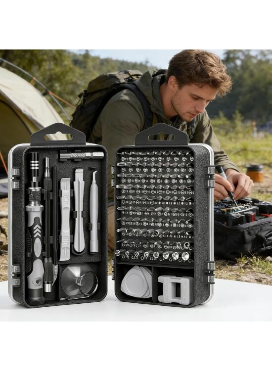 Juego de destornilladores 115 en 1, kit de herramientas de reparación de precisión con puntas magnéticas y estuche de almacenamiento para electrónica y uso doméstico, color plateado