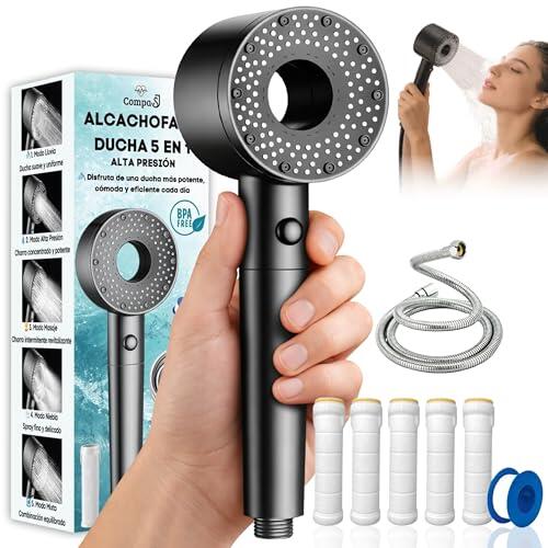 CompaSJ - Alcachofa de ducha con Filtro - Cabezal de Ducha de Alta Presión con Manguera 1,5 M - 5 Filtros Antical + PTFE - 5 Modos de Rociado, Mejora la Calidad del Agua, Ahorro de Agua - Libre de BPA