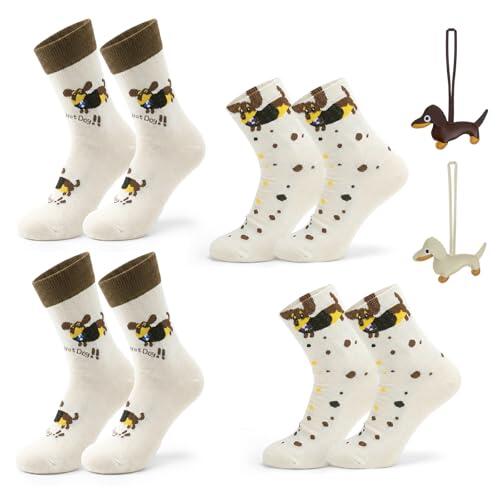 4 Pares Calcetines de perro salchicha Calcetines Teckel Mujer Hombre 36-42 Algodón con Diseño Perro Salchicha y 2 Llaveros Perros Set Regalo para los amantes de los perros los amigos y los padres
