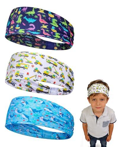 WINXMIN 3 Piezas Diadema Deportiva para Niños, Diadema Transpirable, Diadema Turbante Elástica para Correr, Andar En Bicicleta, Entrenar, Fútbol,Dinosaurios/Vehículos construcción/Tiburones